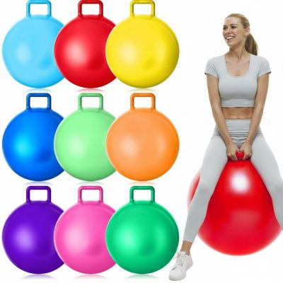 Meooeck 9 Pcs 31 Inch Colored Hopper Ball with Handle Bulk for Kids and Adults Carnival Outdoor Games, Large Jumping Hopping Bouncy Ball with Handles with Air Pump for Games and Exercise
