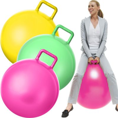 Lewtemi 3 Pcs 29 Inch Bouncing Ball with Handle, Outdoors Hopper Jumping Hopping Ball and Air Pump for Sports Exercise (Yellow, Light Green, Pink)