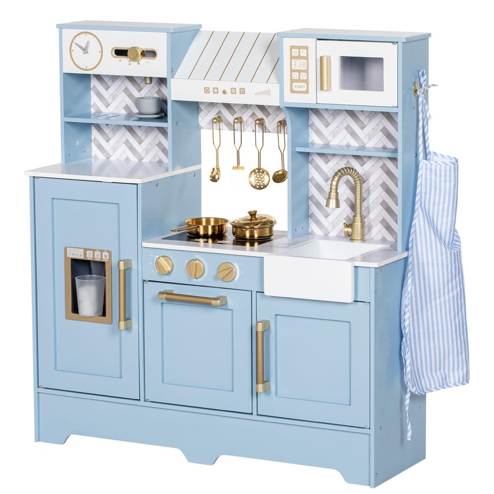BRINJOY Play Kitchen for Kids, Wooden Children Kitchen Playset w/Coffee Maker, Oven, Stove, Sink, Apron, Ice Maker, Cookware, Kids Toy Kitchen Set for Toddler Girls Boys Pretend Play Toy Gift Ages 3+