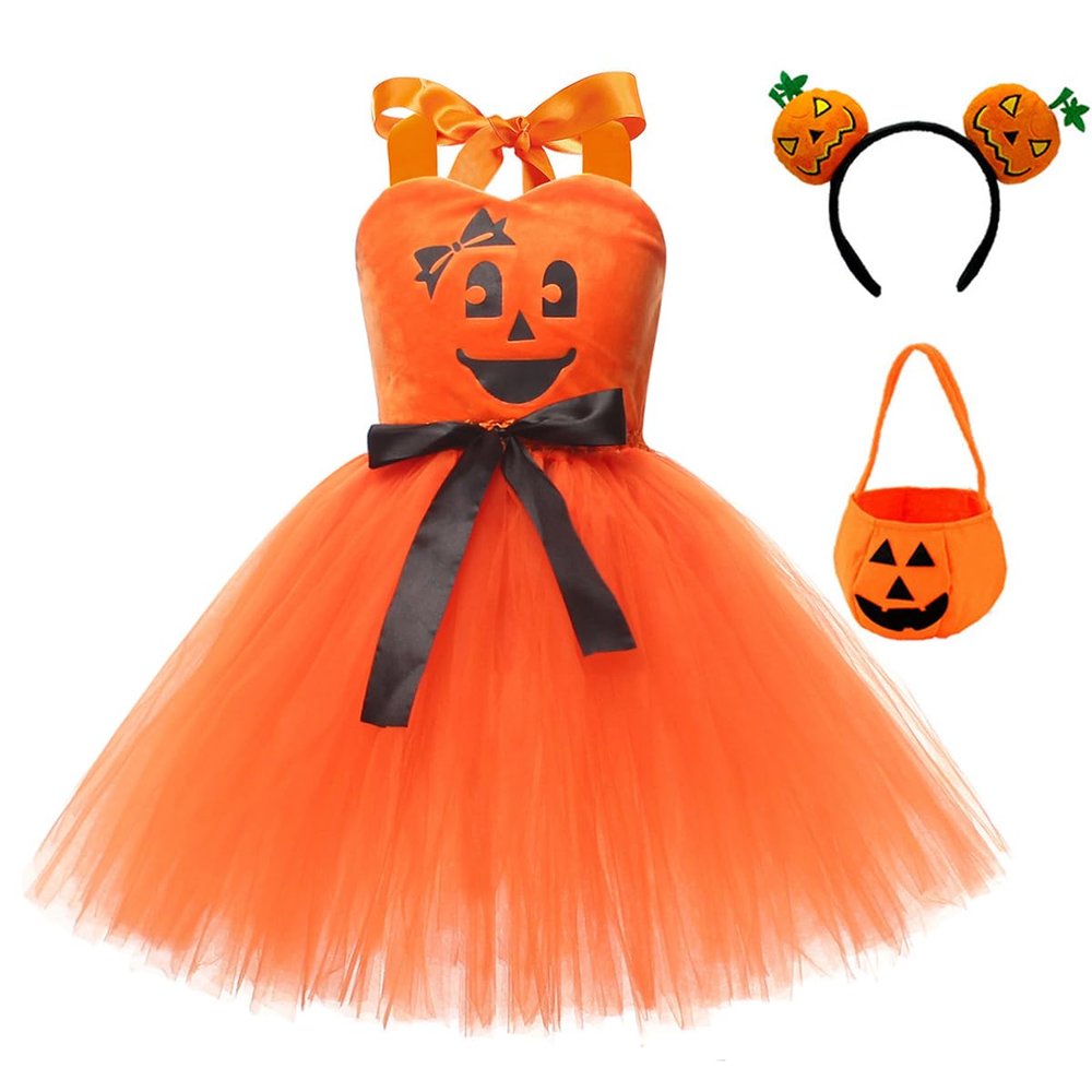ABEHIK 3PCS Toddler Girls Tulle Tutu Dress Headband and Bag Pumpkin Spaghetti Straps Layered Tulle Princess Birthday Party Dress Outfits Clothes Orange 10-12Y
