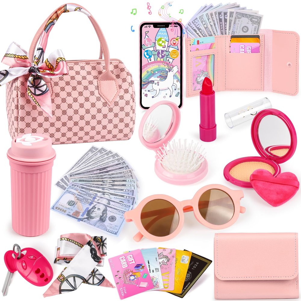 Oisacirg Play Purse for Little Girls, 32PCS Toddler Purse with Pretend Makeup for Kids, Princess Toys Includes Handbag, Phone, Wristwatch, Silk Scarf Kids Toy Purse Birthday Gift for Girls 3 4 5 6 +
