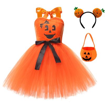 ABEHIK 3PCS Toddler Girls Tulle Tutu Dress Headband and Bag Pumpkin Spaghetti Straps Layered Tulle Princess Birthday Party Dress Outfits Clothes Orange 8-9Y