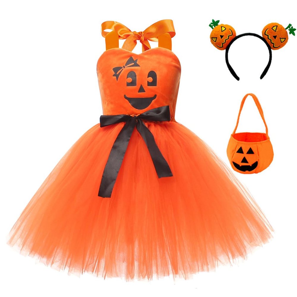 ABEHIK 3PCS Toddler Girls Tulle Tutu Dress Headband and Bag Pumpkin Spaghetti Straps Layered Tulle Princess Birthday Party Dress Outfits Clothes Orange 8-9Y