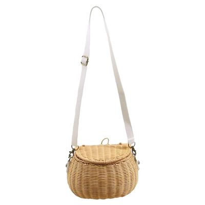 WISHNYMPH Portable Rattan Basket Shoulder Bag with Long Strap Kids Woven Basket Bag Handwoven Picnic Messenger Photography Props