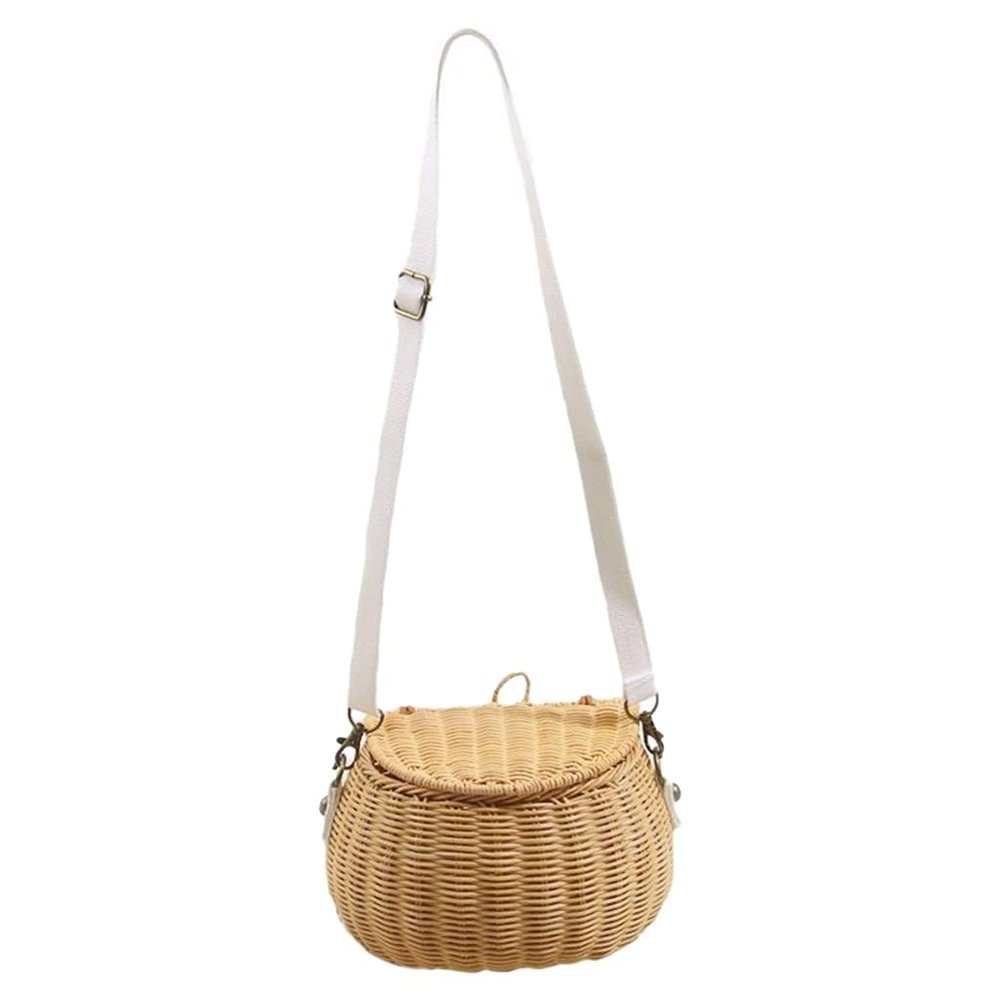 WISHNYMPH Portable Rattan Basket Shoulder Bag with Long Strap Kids Woven Basket Bag Handwoven Picnic Messenger Photography Props