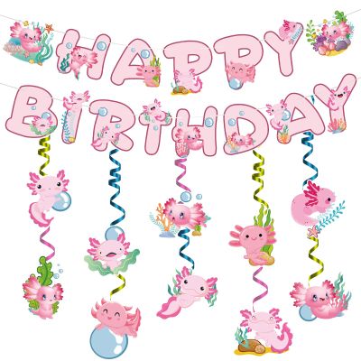 iPartyGo Axolotl Happy Birthday Banner - 12PC Pink Birthday Decor Backdrop Sign Party Supplies Set Cute Animals Photo Background Supplies Hanging Swirls Decorations Girls Boys Women Men Children Kids