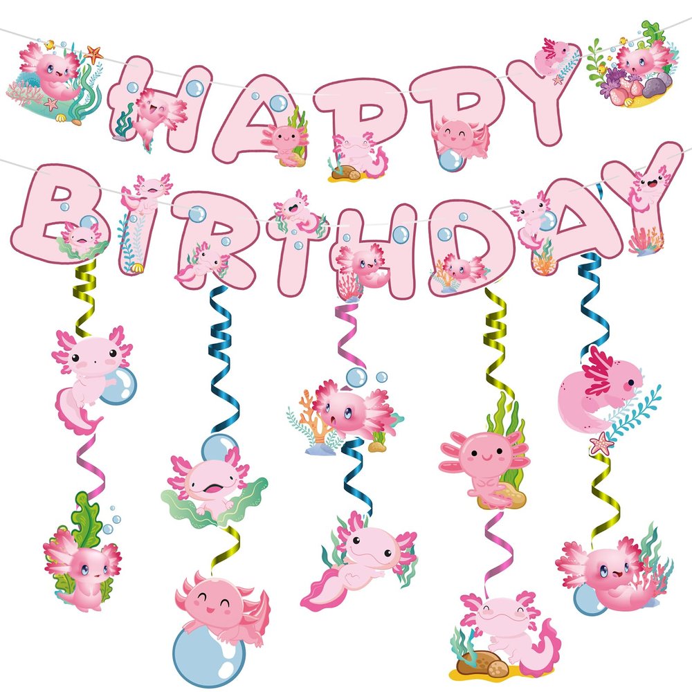 iPartyGo Axolotl Happy Birthday Banner - 12PC Pink Birthday Decor Backdrop Sign Party Supplies Set Cute Animals Photo Background Supplies Hanging Swirls Decorations Girls Boys Women Men Children Kids