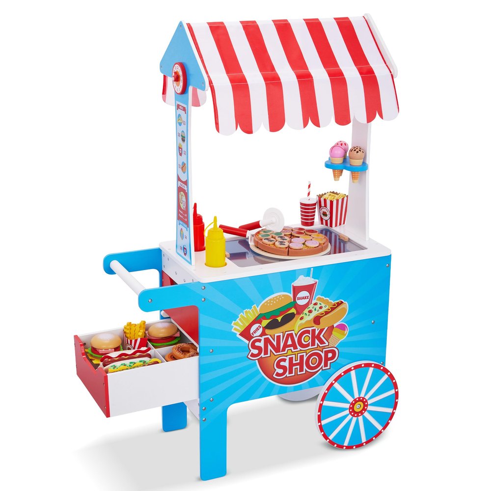 Lil Jumbl Wooden Snack Shop Playset | Kids Play Pretend Hot Dog Stand Push Cart w/ 125+ Burger, Fries, Pizza & Ice Cream Toy Accessories, Food Displays, Awning, Freezer, Storage Drawers & Menus