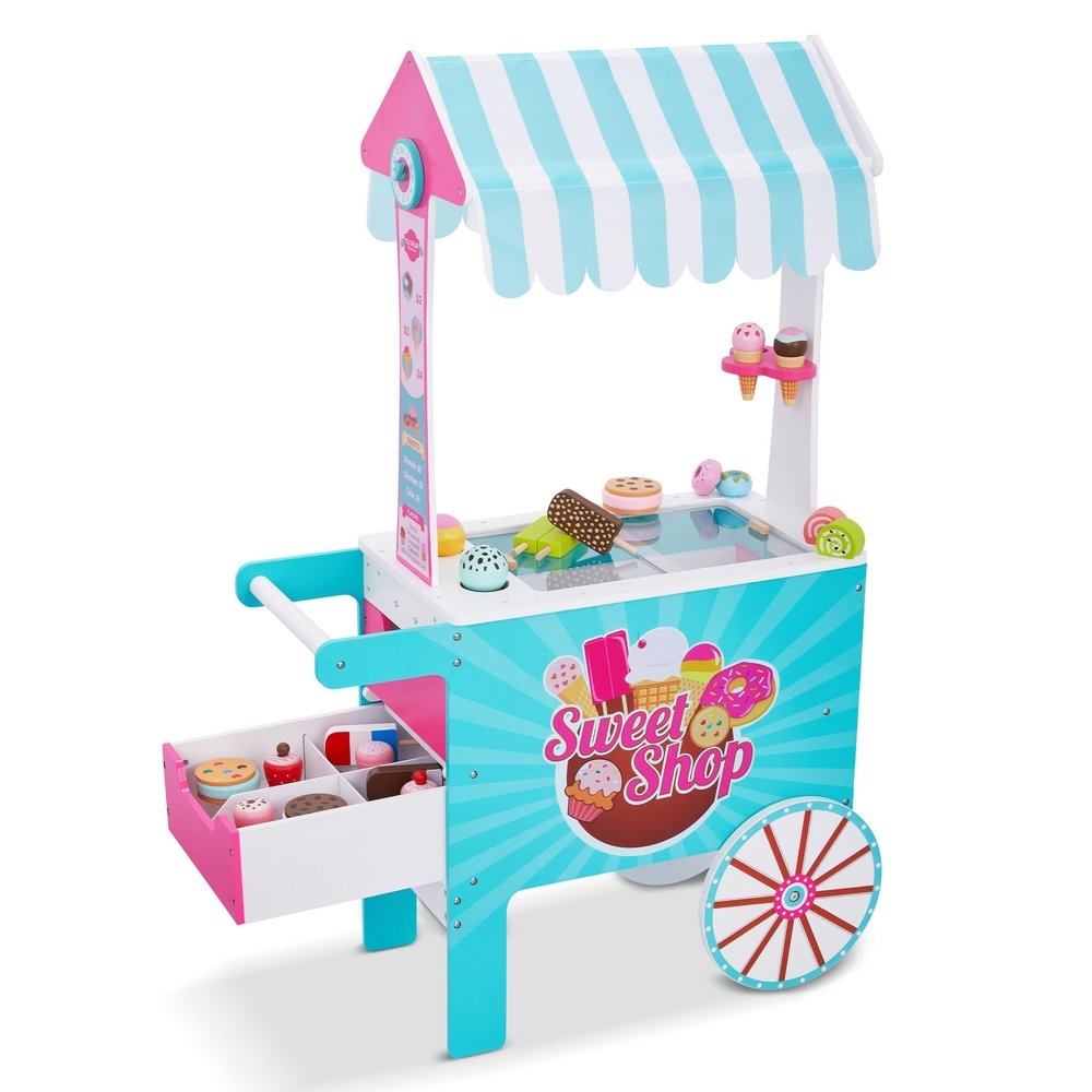 Lil Jumbl Wooden Sweet Treats Playset, Kids Play Pretend Dessert Stand Push Cart w/ 20+ Ice Cream Cone, Popsicle & Cupcake Accessories, Food Displays, Awning, Freezer, Storage Drawers, Clock & Menus