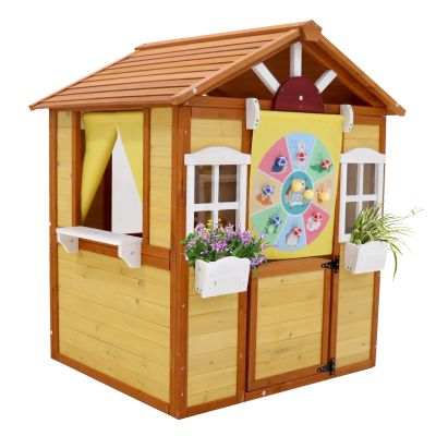 Wood Playhouse for Age 3-6 Years Boy Girl, Outdoor Cottage Playhouse with Door, 2 Windows, 3 Serving Station & Flowerpot Holder, Outdoor Garden Lawn Patio Yard Cottage for 3-6 Age Boy Girl.