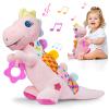 Baby Dino Plush Soft Stuffed Animal Toy for 0-3-6-12+ Months,Infant Musical Toy with Rattle,Squeaker,Sensory Crinkle,Teether & Textures,Tummy Time Toys Christmas Baby Gift for Newborn Girl(Pink) view 1