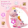 Baby Dino Plush Soft Stuffed Animal Toy for 0-3-6-12+ Months,Infant Musical Toy with Rattle,Squeaker,Sensory Crinkle,Teether & Textures,Tummy Time Toys Christmas Baby Gift for Newborn Girl(Pink) view 2