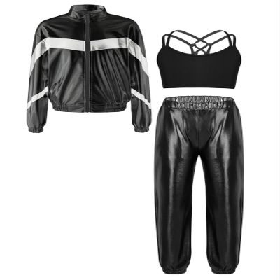ACSUSS Girls 3Piece Sports Clothing Set Shiny Hip Hop Jazz Dance Outfits for Teen Disco Party Performace Costume Streetwear Black 14 Years