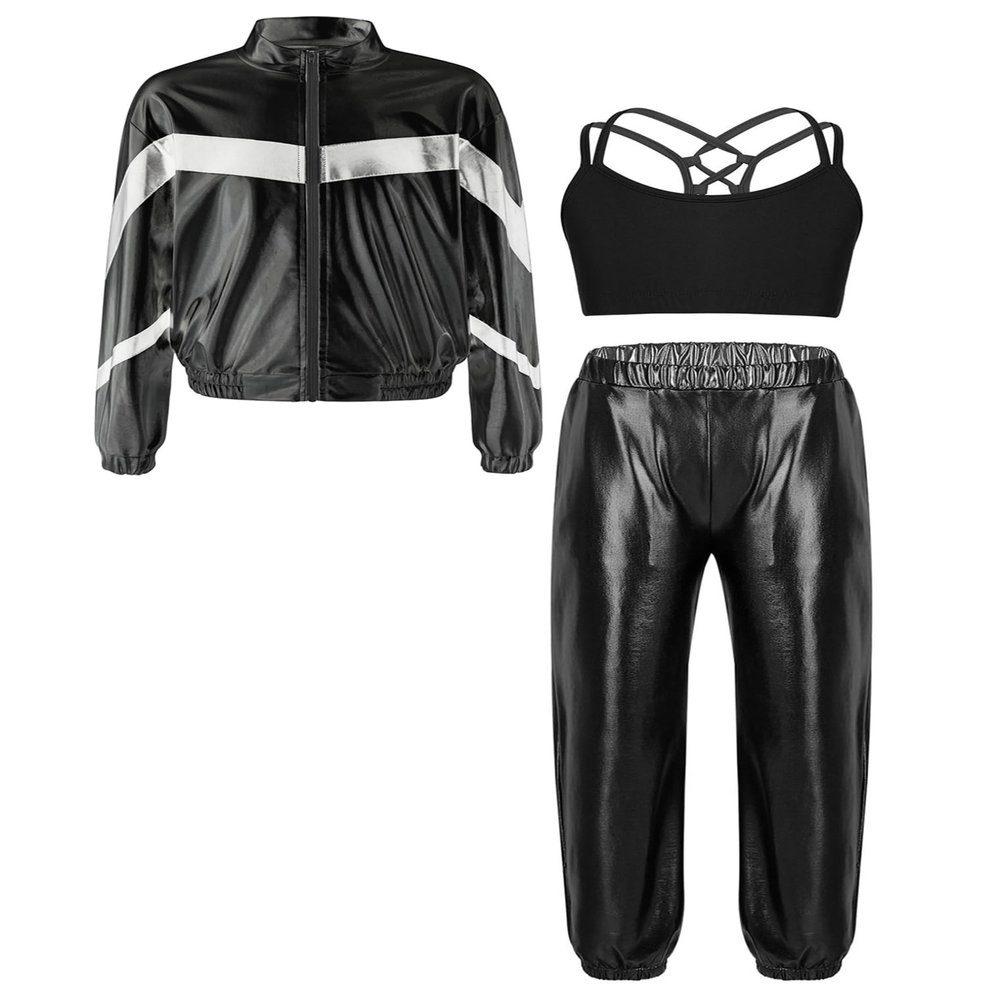 ACSUSS Girls 3Piece Sports Clothing Set Shiny Hip Hop Jazz Dance Outfits for Teen Disco Party Performace Costume Streetwear Black 14 Years
