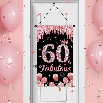 Rose Gold 60 & Fabulous Door Sign for Birthday Decorations - Pink Happy Sweet 60th Party Porch Banner Hanger for Women - Party Supplies
