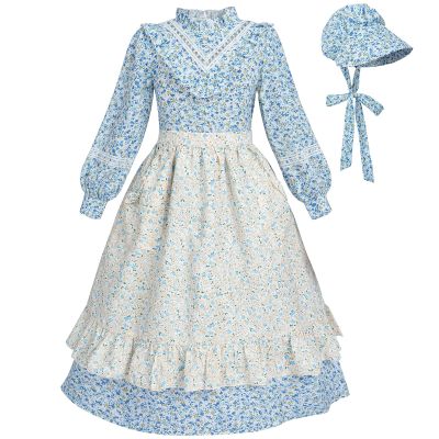 FCCAM Prairie Colonial Dress Girls Long Sleeve Pioneer Dress Costume Floral Pioneer Girl Laura Ingalls Wilder Blue L