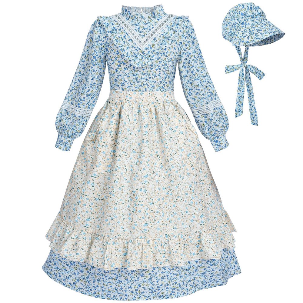 FCCAM Prairie Colonial Dress Girls Long Sleeve Pioneer Dress Costume Floral Pioneer Girl Laura Ingalls Wilder Blue L