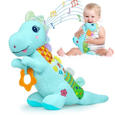 Baby Dino Musical Stuffed Animal Toys for 0-3-6-9-12 MonthsInfant Dinosaur Tummy Time Toys with Crinkle Sound Paper,TeetherTextures & Rattles for Newborn Boys Girls Birthday GiftsBlue