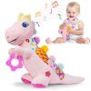 Baby Dino Musical Stuffed Animal Toys for 0-3-6-9-12 MonthsInfant Dinosaur Tummy Time Toys with Crinkle Sound PaperTeetherTextures & Rattles for Newborn Boys Girls Birthday GiftsPink view 1