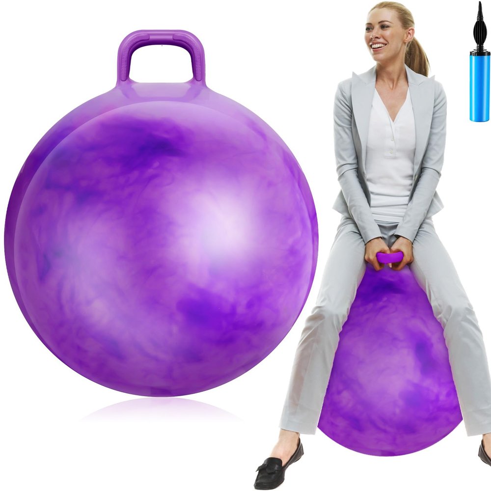 Lewtemi Hopper Ball for Adults, 29 Inch Bouncing Ball Hippity with Handle Rubber Hop, Jumping Hopping Exercise with Air Pump for Outdoors Sports Games Exercise (Gradient Purple)