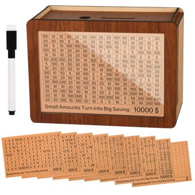 10000 Kakeibo Wooden Money Saving Challenge Box Cash Vault Piggy Bank for Adults Kids Savings Goals Smash Box Saver (10 Amounts)
