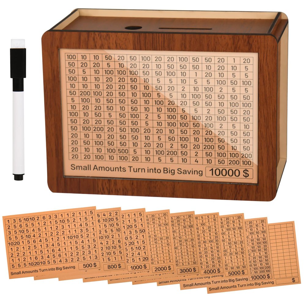 10000 Kakeibo Wooden Money Saving Challenge Box Cash Vault Piggy Bank for Adults Kids Savings Goals Smash Box Saver (10 Amounts)