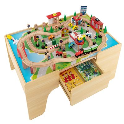 INFANS Train Table, 84 Pieces Wooden Kids Activity Toy Table Playset with Reversible Detachable Tabletop, Tracks, Train, Railway, City, Gift for Toddler Boys Girls Ages 3+ (38 x 24.5 x 15.5)