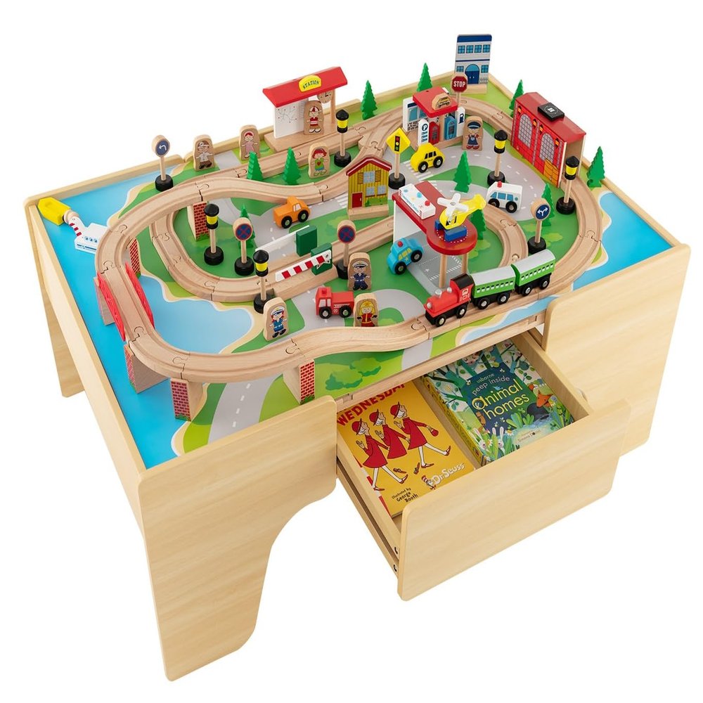 INFANS Train Table, 84 Pieces Wooden Kids Activity Toy Table Playset with Reversible Detachable Tabletop, Tracks, Train, Railway, City, Gift for Toddler Boys Girls Ages 3+ (38 x 24.5 x 15.5)