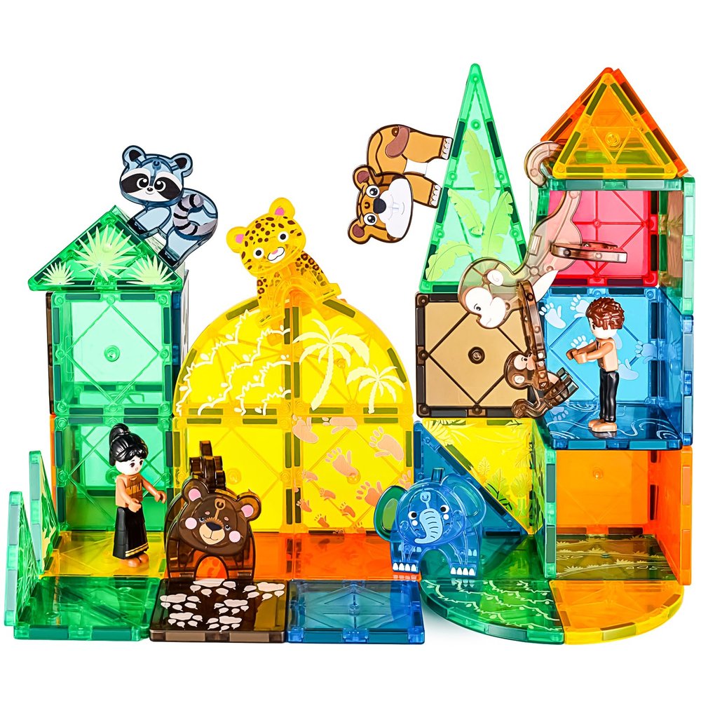 Asago Magnetic Tiles Zoo Animals Set - STEM Building Blocks for Kids Ages 3-8 - Animal Magnet Tiles with Storage Bag - Educational Safari Toy Gift for Boys & Girls - Compatible with All Major Brands