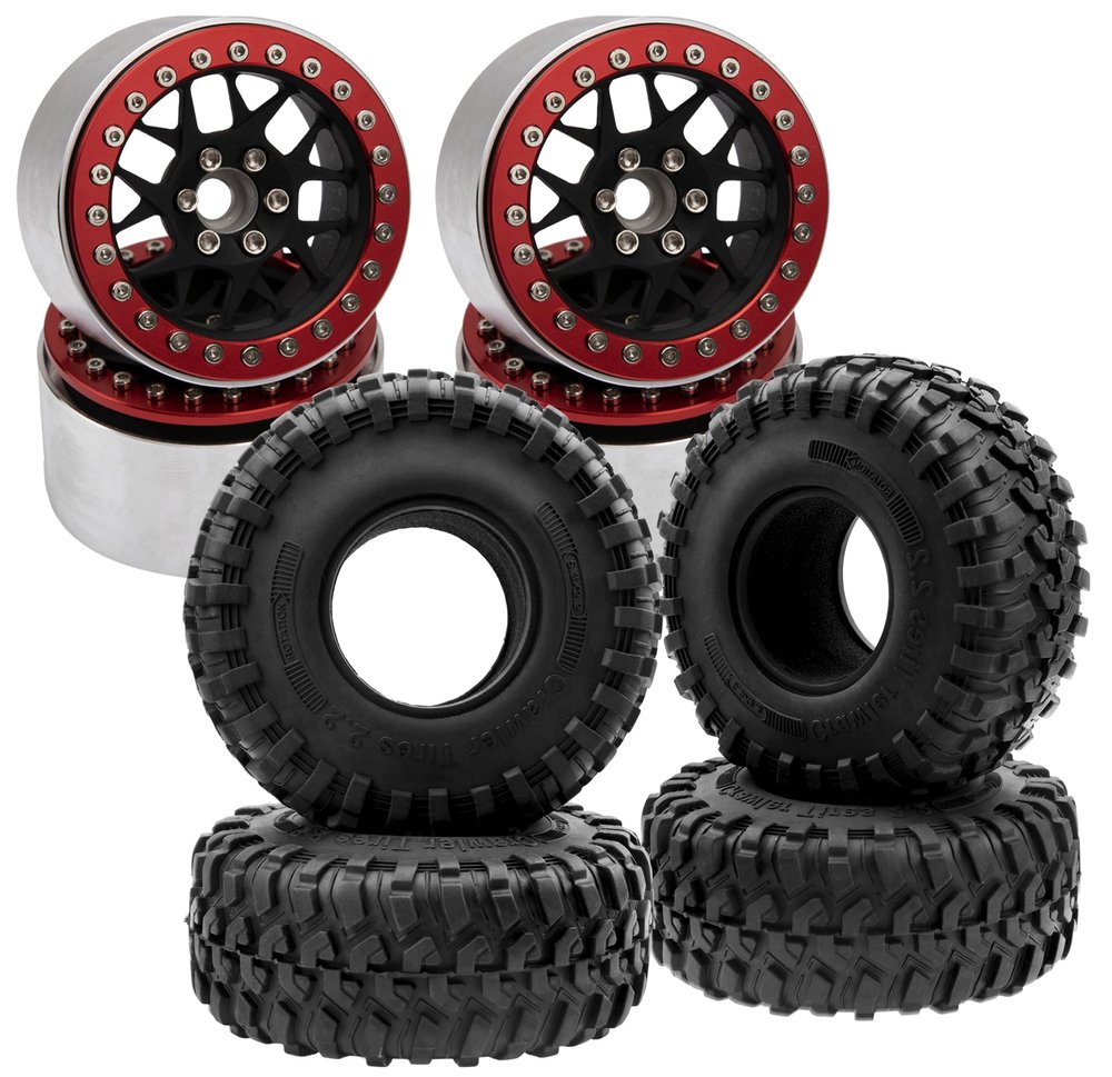 2.2" Rubber Tires,RC 2.2inch Mud Crawler Tires OD 130mm w/Foam & Aluminum 2.2" RC Beadlock Wheels Rims 35mm