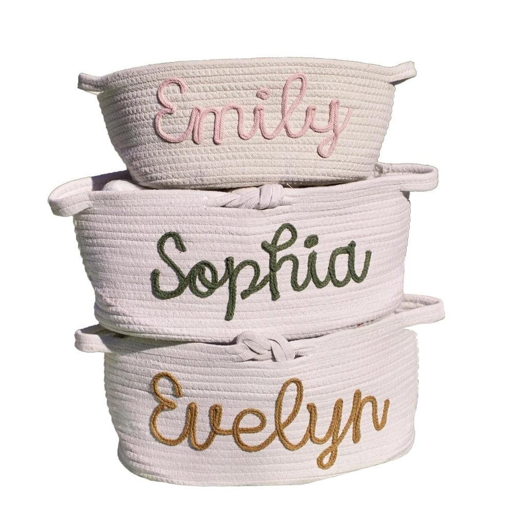Personalized Diaper Caddy, Newborn Baby Shower Gifts, Diaper Caddy Organizer DIY Baby Name Cotton Rope Woven Diaper Caddy Nursery Storage Monogram Baby Basket (M)