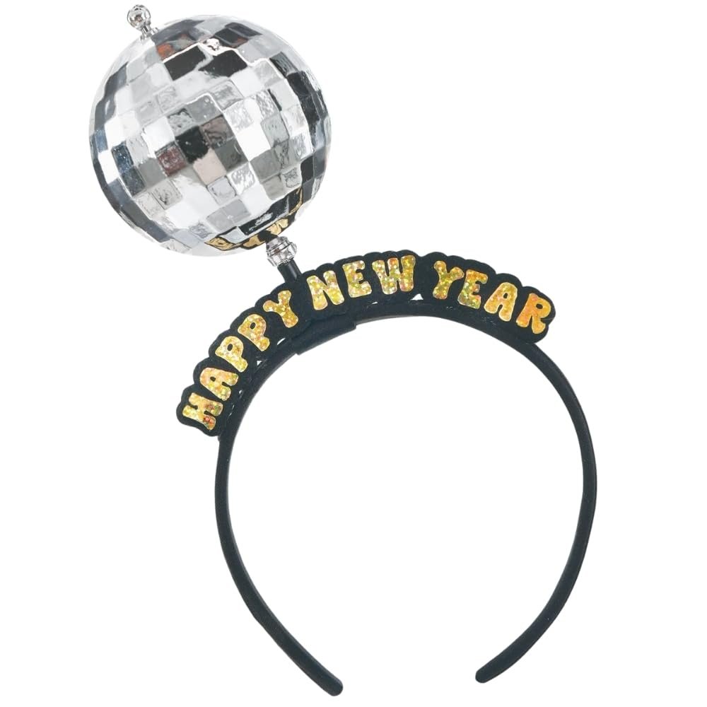 Amscan Spinning Disco Ball Happy New Year Headband (9") 1 Piece - Black, Silver & Gold, Ultimate NYE Party Accessory