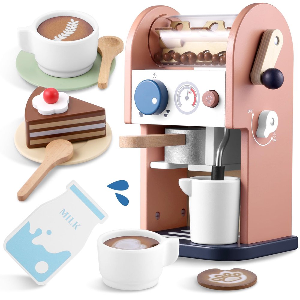 GAGAKU Wooden Coffee Maker Toy 14 pcs Play Kitchen Accessories Toy Coffee Maker for Kids Pretend Playset Toddler Coffee Maker Gifts for Boys and Girls