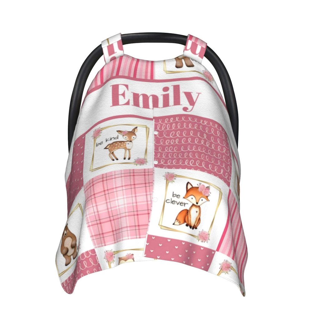 Personalized Baby Car Seat Canopy for Babies with Name, Custom Car Seat Covers for Girls, Animals Pink Nursing Breastfeeding Stroller Cover Infant Carseat Canopies for Newborn