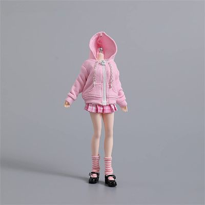 1/12 Scale Female Clothes,JK Uniform Zipper Pink Hoodie Pleated Skirt Clothes Outfit Costume for 6" Female Soldier Action Figure Body Dolls Collection
