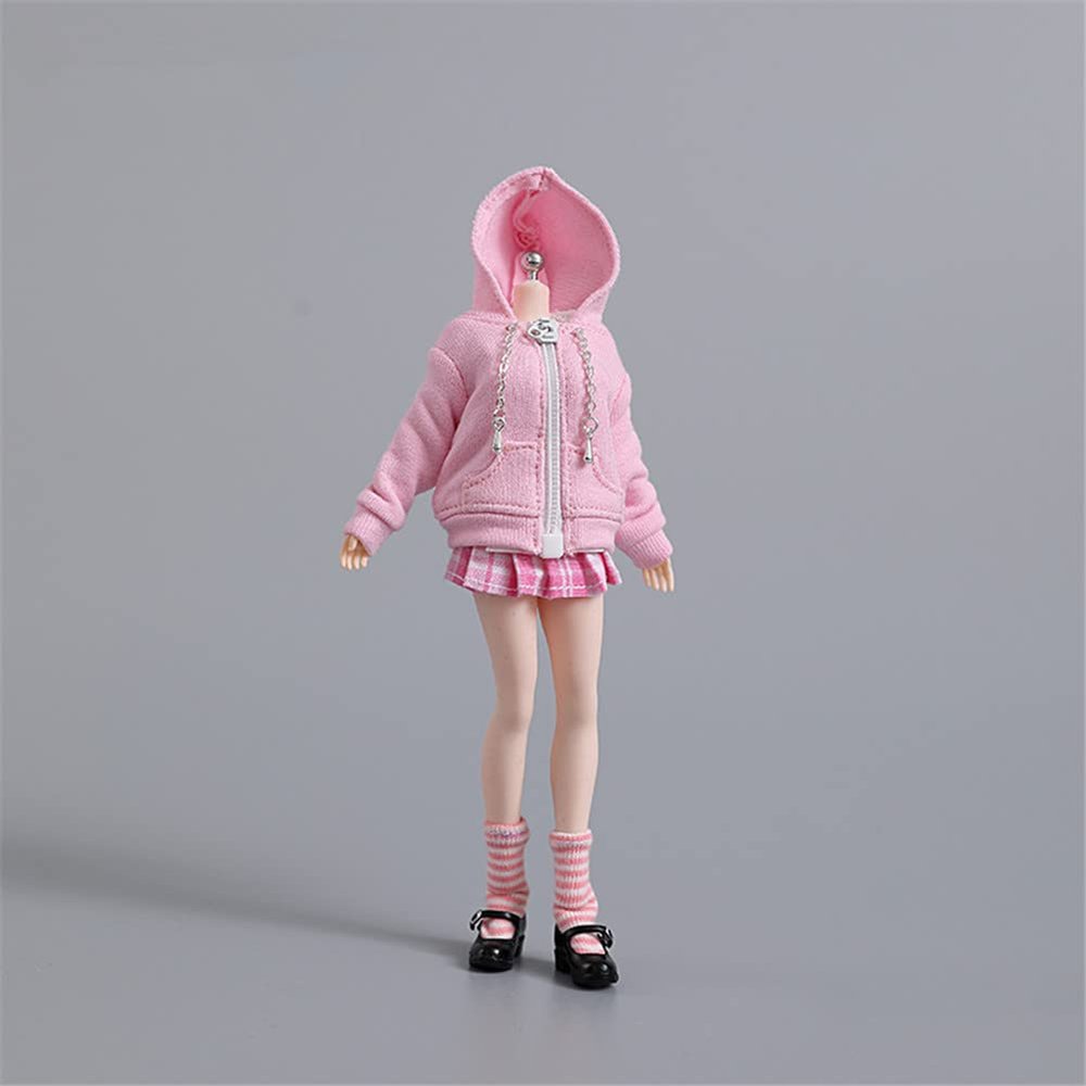 1/12 Scale Female Clothes,JK Uniform Zipper Pink Hoodie Pleated Skirt Clothes Outfit Costume for 6" Female Soldier Action Figure Body Dolls Collection