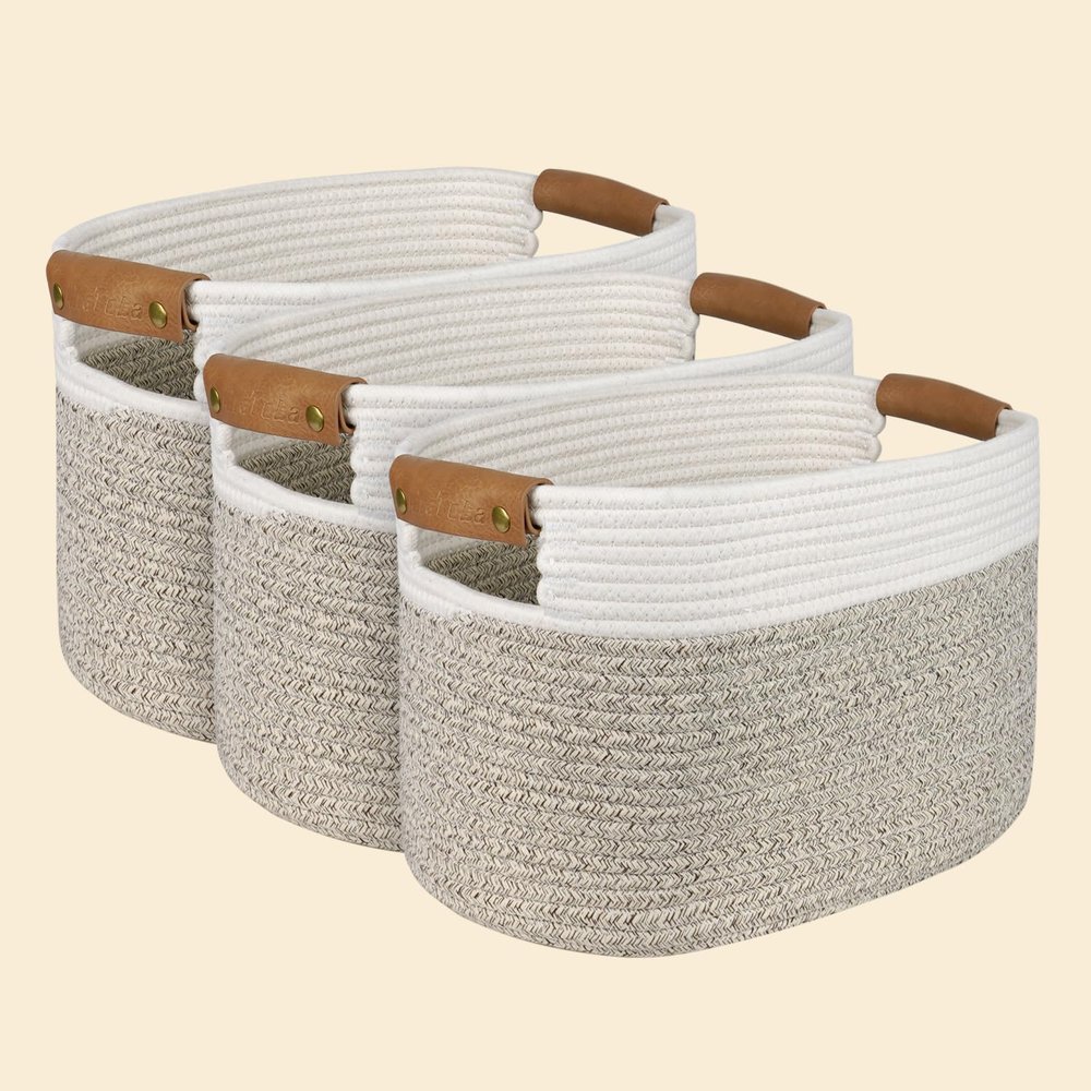 AivaToba 3-Pack Rope Baskets, Living Room Organizing Baskets, Woven Baskets with Handles, Cotton Baskets for Organization