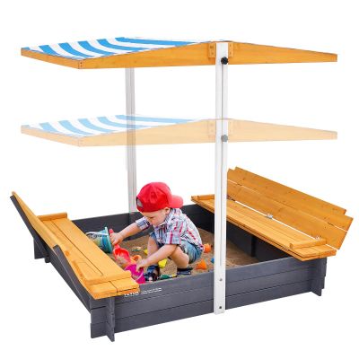VEVOR Wooden Sandbox with Canopy, Sandpit with Foldable Bench Seats and Bottom Liner, Height Adjustable Roof, Gift for Ages 3-12 Years Old Backyard Garden Easy Assembly (57.3 x 47.2 x 47.2in)