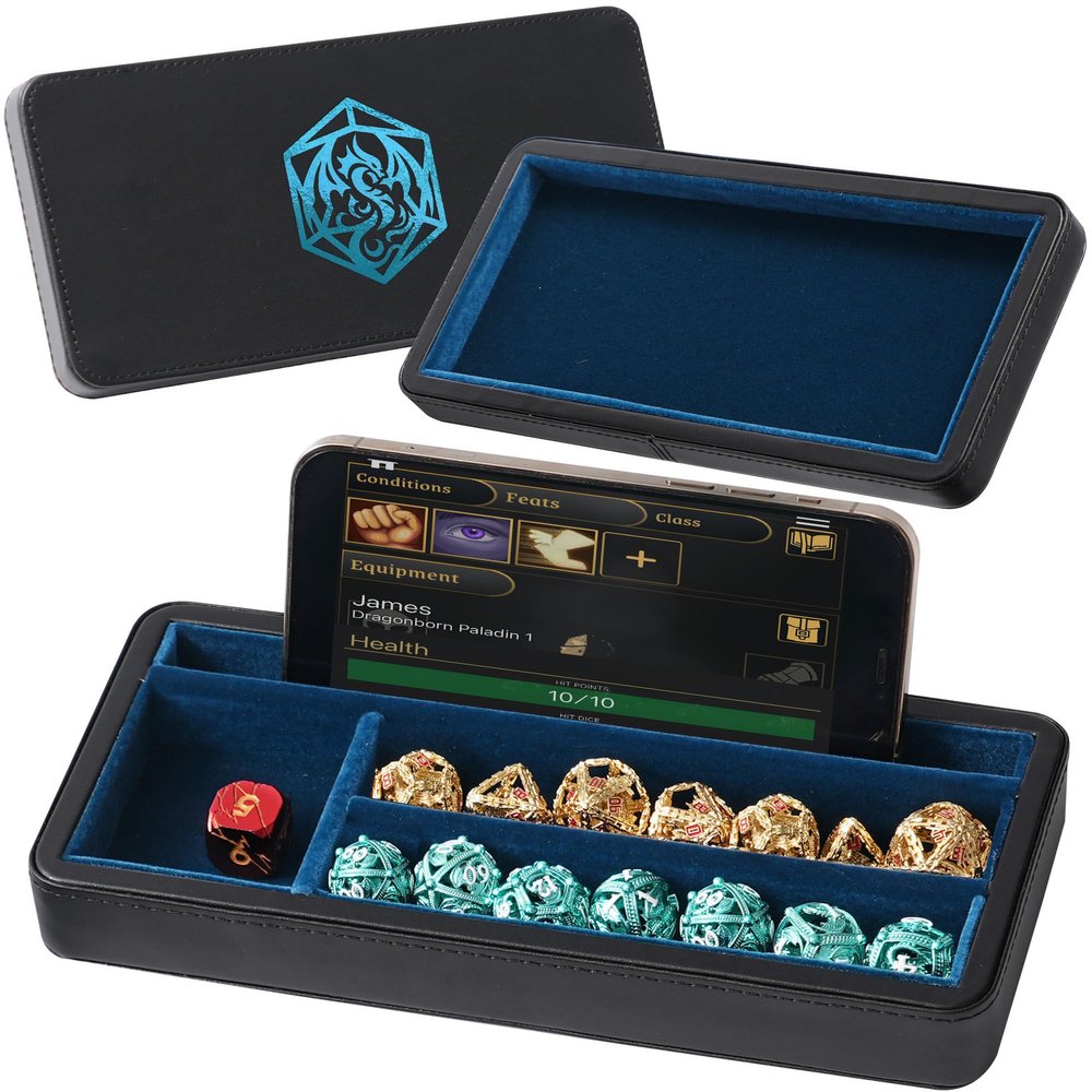Soar Forge Sanctum Dice Box - Premium Case & Dice Tray for DND - Phone/Pen Slot, Magnetic Lid and Storage for your Sets, Mini's and More - Felt-Lined Vault Holder for D&D and RPG (Blue)