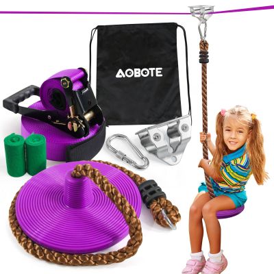 Zipline Kit for Kids and Adutls, Stainless Steel Pulley,Slackline 56ft with Zipline,Zip Lines for BackyardZip Line Kit with Climbing Rope Swing