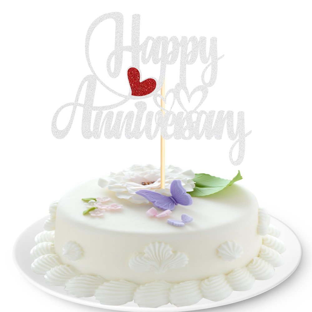 Sotpot 1 Pack Happy Anniversary Cake Topper Silver Glitter Cake Decorations for Wedding Birthday Company Anniversary Party Cake Supplies