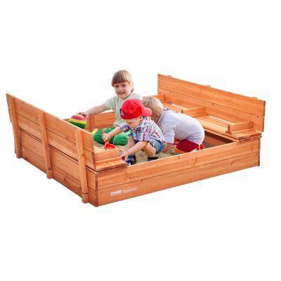 VEVOR Wooden Sandbox 52.4''x47.2''x16.9'', Sandpit with Foldable Bench Seats and Bottom Liner, Natural Wood, Gift for Ages 3-12 Years Old Backyard Garden Easy Assembly