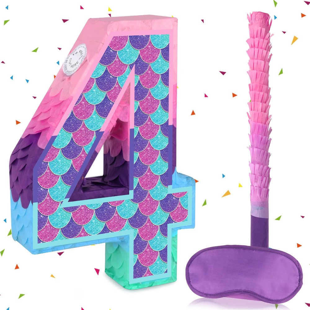 Lemicin Mermaid Number 4 Pinata with Stick Blindfold for Girl 4th Birthday Party Decoration Colorful Paper Flaver Anniversary Celebration for Children's Ocean Mermaid Theme Carnival Event Decoration