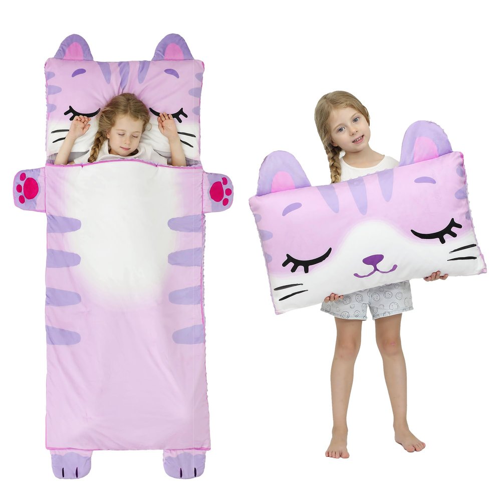 Wizland Kids Sleeping Bag Girls Daycare Mat Flannel Kitty Nap Preschool Rest Mats-Kindergarten, Fluffy Warm Portable Pink Nap Thick Nap Roll for Toddlers-61.8"28.3"