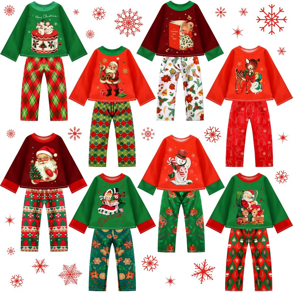 Silipull 8 Pcs Christmas Doll Clothes Bulk Christmas Doll Costume Set Xmas Tree Decor Snowman Snowflake Costume Accessories for Xmas Party Decoration(Retro Style)