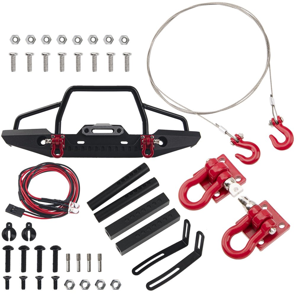 Aluminum Front Bumper with LED Headlights Winch Mount Seat Tow Hook & Metal RC Rescue Tow Hook with Steel Trailer Chain Tow Rope Simulation