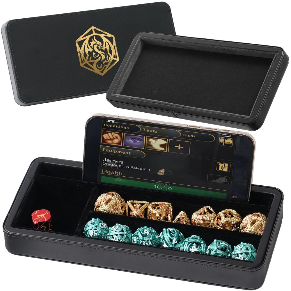 Soar Forge Sanctum Dice Box - Premium Case & Dice Tray for DND - Phone/Pen Slot, Magnetic Lid and Storage for your Sets, Mini's and More - Felt-Lined Vault Holder for D&D and RPG (Gold)