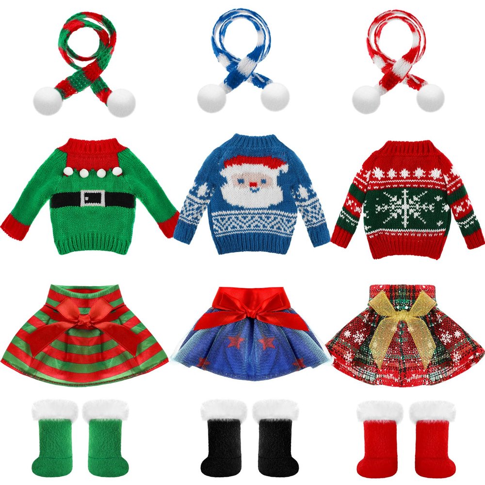 12 Pcs Christmas Doll Accessories Clothes Christmas Doill Costume Mini Outfit Include Knitted Sweater Skirt Scarf Snow Boots for Xmas Decor (Exquisite)
