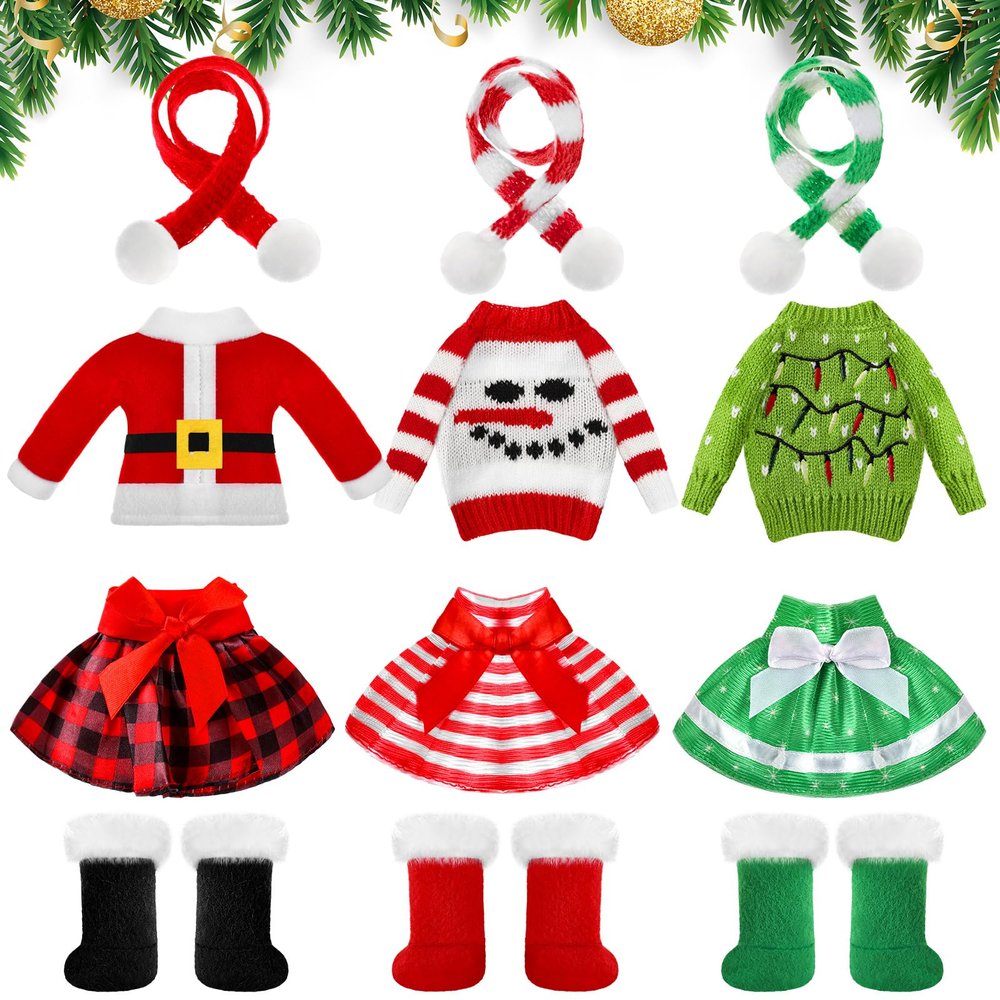 12 Pcs Christmas Doll Accessories Clothes Christmas Doill Costume Mini Outfit Include Knitted Sweater Skirt Scarf Snow Boots for Xmas Decor (Lovely)