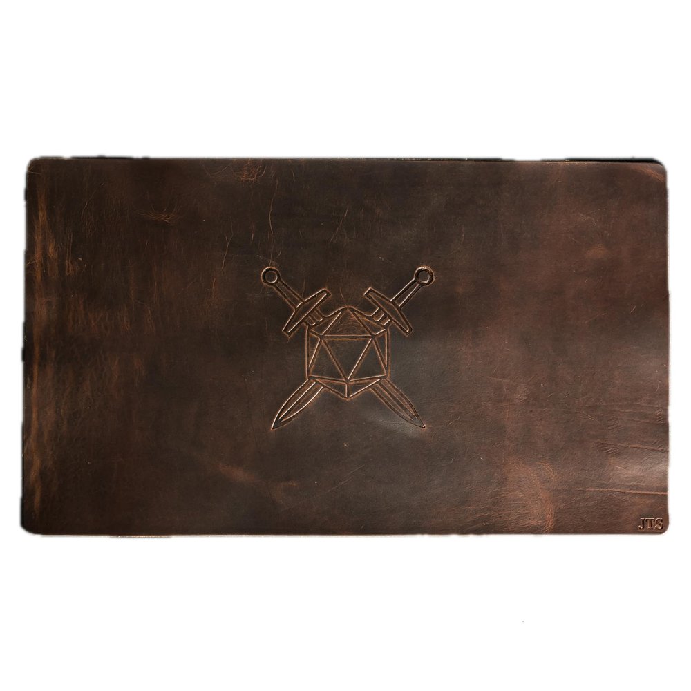 Leather Gaming Playmat 24" x 14" - Personalization Options with Unique Stamp Designs and Snap Closure Band - Ox & Pine Customized Full-Grain Leather (Nut Brown)